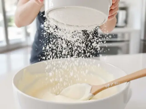 Une main saupoudre du glacage sucre glace sur une préparation crémeuse dans un bol blanc, avec une cuillère en bois.