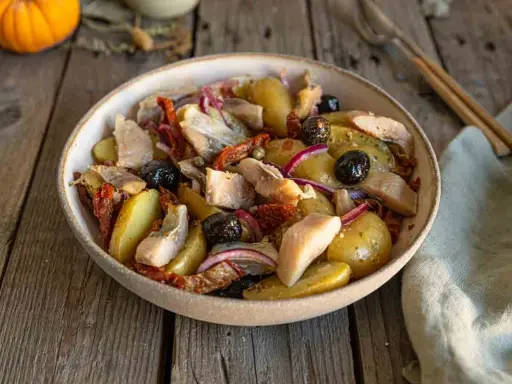 Salade de pommes de terre et hareng, garnie d'olives noires, de tomates séchées et d'oignons rouges. Un plat savoureux et coloré.