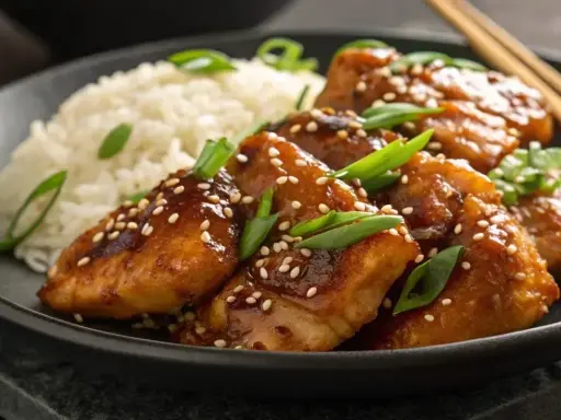 Délicieux poulet au miel glacé, parsemé de graines de sésame et d'oignons verts, servi avec du riz blanc.