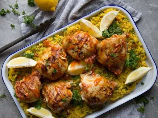 Poulet piri piri savoureux sur un lit de riz jaune, garni de quartiers de citron et de persil frais. Un délice épicé à partager.