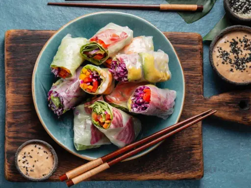 Assiette de rouleaux de printemps colorés, remplis de légumes frais et servis avec une sauce tahini.