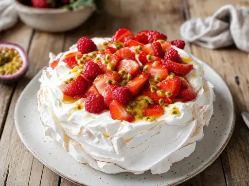 Pavlova aux fruits rouges et fruits de la passion, une délicieuse recette russe pour un dessert léger et aérien.