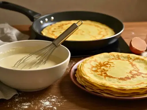 Préparation d'une recette de crêpes : pâte dans un bol, crêpes cuites dans une poêle et empilées, œufs et farine.