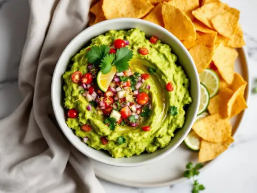 Un bol de guacamole frais, garni de tomates, oignons rouges et coriandre, prêt à être dégusté avec des chips tortilla. La meilleure recette guacamole !