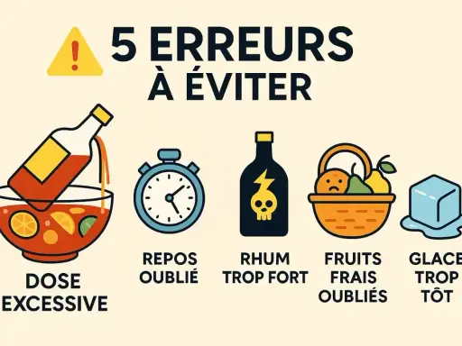 5 erreurs à éviter pour un bon rhum arrangé fraise : dose excessive, repos oublié, rhum trop fort, fruits frais oubliés, glace trop tôt.