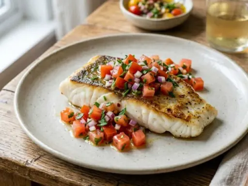 Filet de poisson poêlé garni d'une sauce vierge gastronomique fraîche et colorée, à base de tomates et d'oignons rouges.