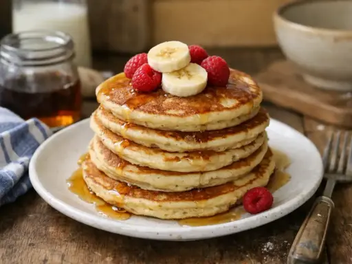 Pile de pancakes sans oeuf, garnis de framboises et rondelles de banane, arrosés de sirop d'érable. Un délice pour le petit-déjeuner.