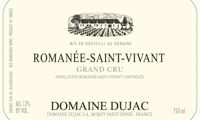 Étiquette de vin Romanée-Saint-Vivant Grand Cru, millésime 2010, Domaine Dujac. Un grand cru de Bourgogne.