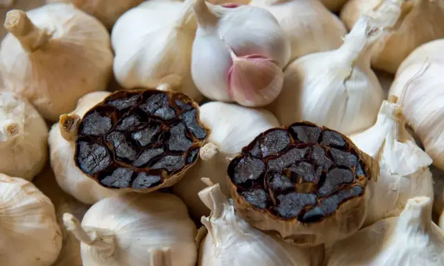 Deux têtes d'ail noir coupées en deux, révélant leur intérieur caramélisé, reposent sur un lit d'ail blanc frais. Parfait pour une recette d'ail noir.