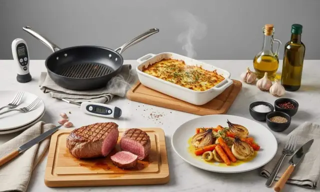 Filet de porc rôti, gratin fumant, légumes rôtis et thermomètres de cuisson. Idéal pour le temps de cuisson parfait d'un filet de porc au four.