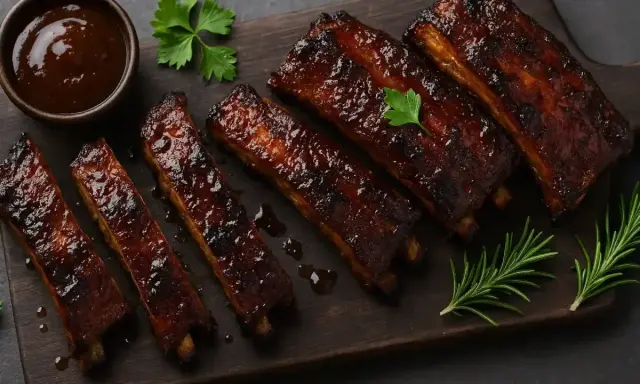 Délicieux ribs de porc laqués, servis sur une planche en bois avec une sauce barbecue et des herbes fraîches.