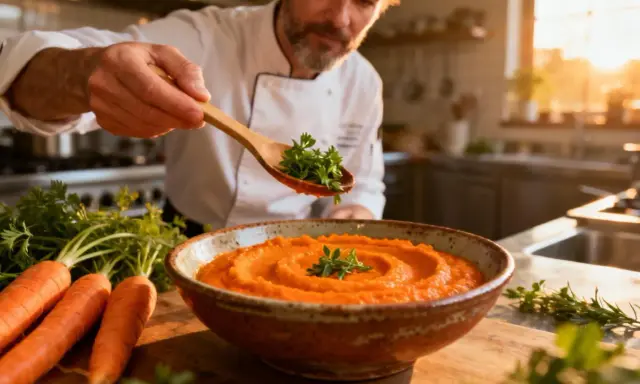Un chef décore une purée de carotte onctueuse avec des herbes fraîches. Des carottes crues sont disposées à côté.