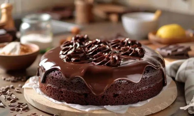 Gâteau yaourt chocolat onctueux, nappé de glaçage brillant et décoré de rosettes de chocolat. Un délice gourmand !
