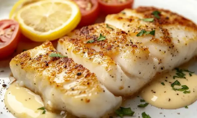 Délicieux dos de cabillaud au four, servi avec des quartiers de citron, des tomates cerises et une sauce onctueuse.