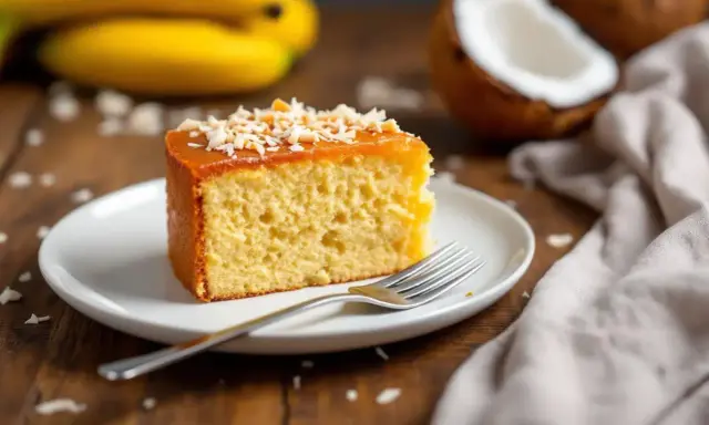 Tranche de banana bread moelleux, nappée de caramel et saupoudrée de noix de coco râpée. Des bananes et une noix de coco sont en arrière-plan.