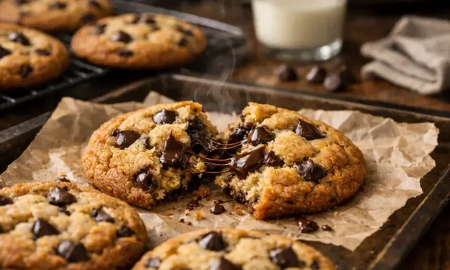 Délicieux cookies sans oeuf aux pépites de chocolat, encore chauds et fondants, sur une plaque de cuisson.