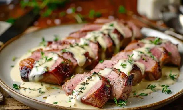 Délicieuses aiguillettes de canard poêlées, nappées d'une sauce crémeuse et garnies de thym frais. Un plat savoureux prêt à être dégusté.