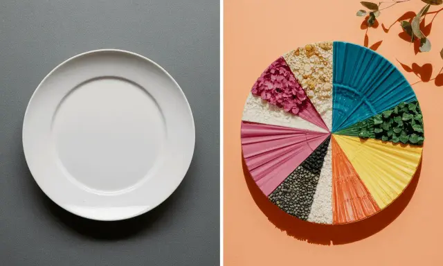 Une assiette blanche à gauche, une roue chromatique de textures et couleurs alimentaires à droite. Un vrai coup de food !