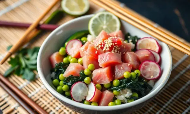 Un délicieux poke bowl avec du thon cru, des petits pois, des radis, des algues et du riz. Une recette fraîche et colorée.