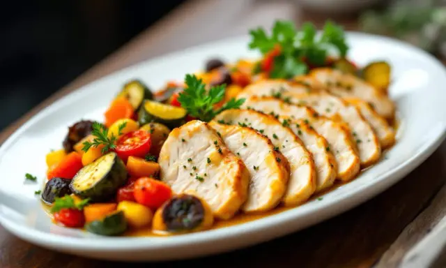 Tranches de filet de poulet savoureux, accompagnées d'un mélange coloré de légumes méditerranéens.