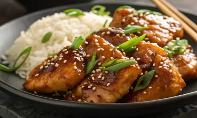 Délicieux poulet au miel glacé, parsemé de graines de sésame et d'oignons verts, servi avec du riz blanc.