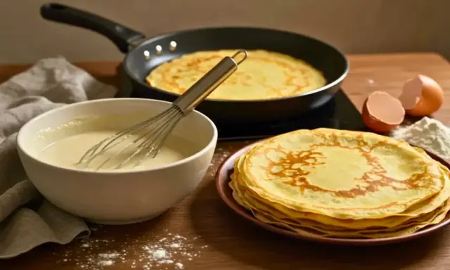 Préparation d'une recette de crêpes : pâte dans un bol, crêpes cuites dans une poêle et empilées, œufs et farine.