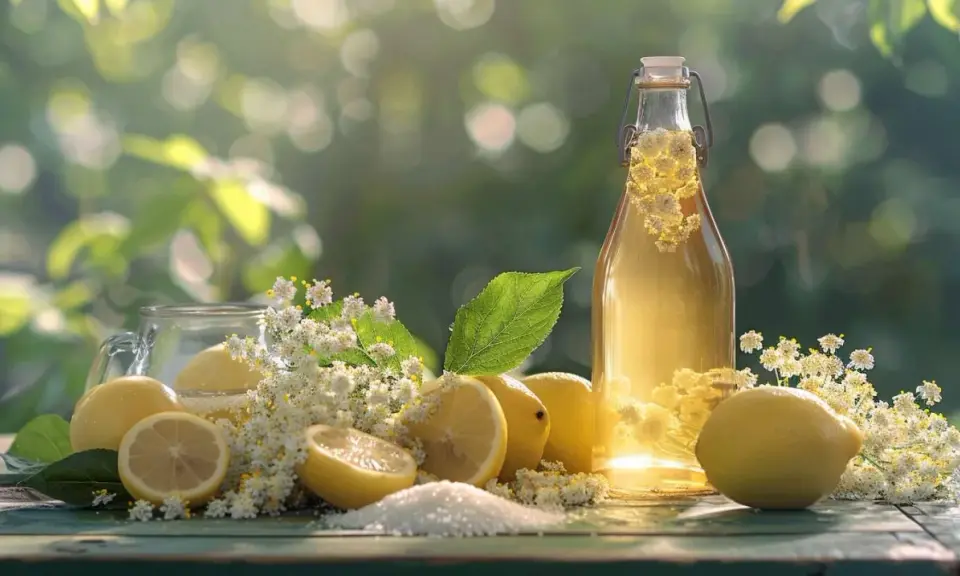 Bouteille de sirop de sureau, citrons et fleurs de sureau sur une table en bois. Douce lumière d'été.