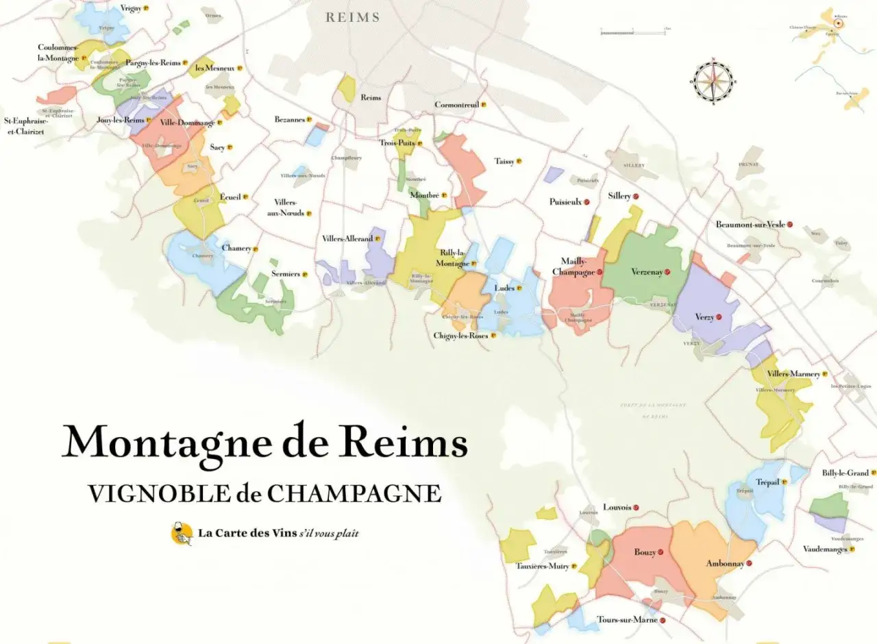 Carte des vignobles de la Montagne de Reims, berceau du champagne grand cru.