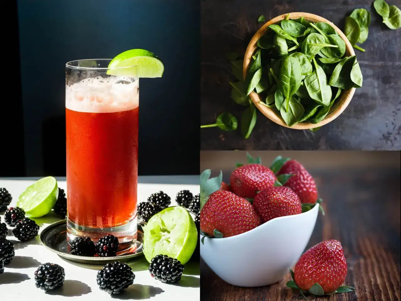 Verre de cocktail rouge, m&ucirc;res, citrons verts et fraises. Un d&eacute;lice fruit&eacute;, peut-&ecirc;tre un rhum arrang&eacute; fraise.