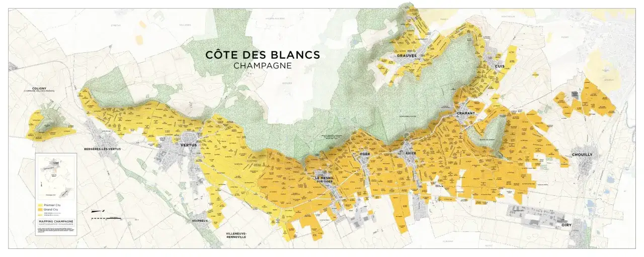 Carte de la C&ocirc;te des Blancs, r&eacute;gion de champagne, montrant les parcelles de vignobles class&eacute;es Premier Cru et Grand Cru.
