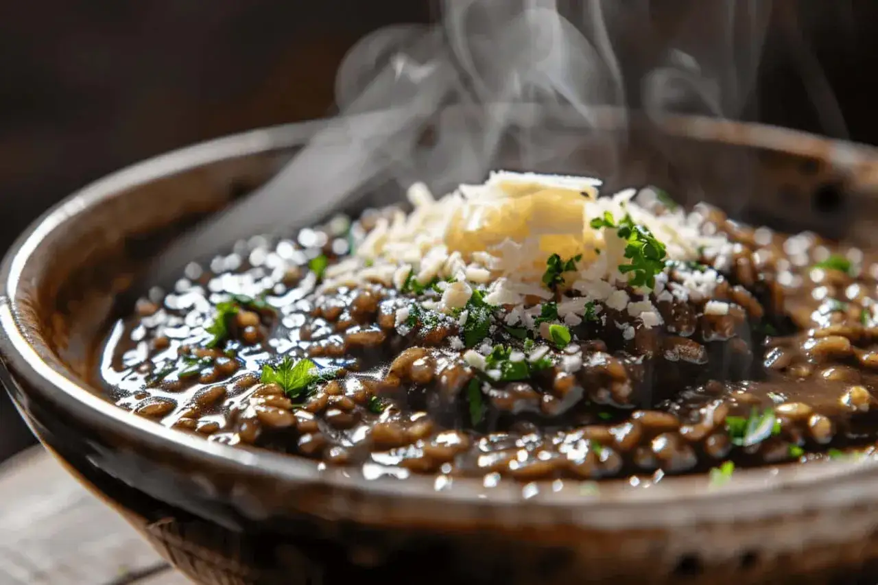 Un plat fumant de lentilles, garni de fromage r&acirc;p&eacute; et de persil. Une d&eacute;licieuse recette d'ail noir &agrave; essayer.