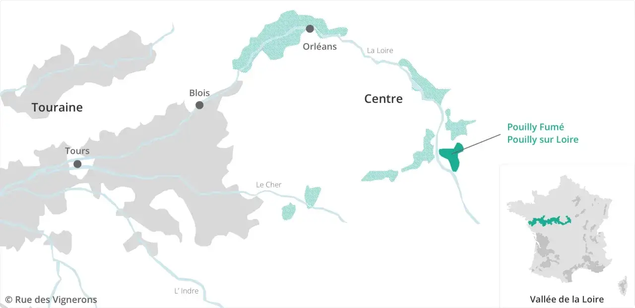 Carte de la Vall&eacute;e de la Loire, montrant les vignobles de la r&eacute;gion Pouilly Fum&eacute; et Pouilly sur Loire.
